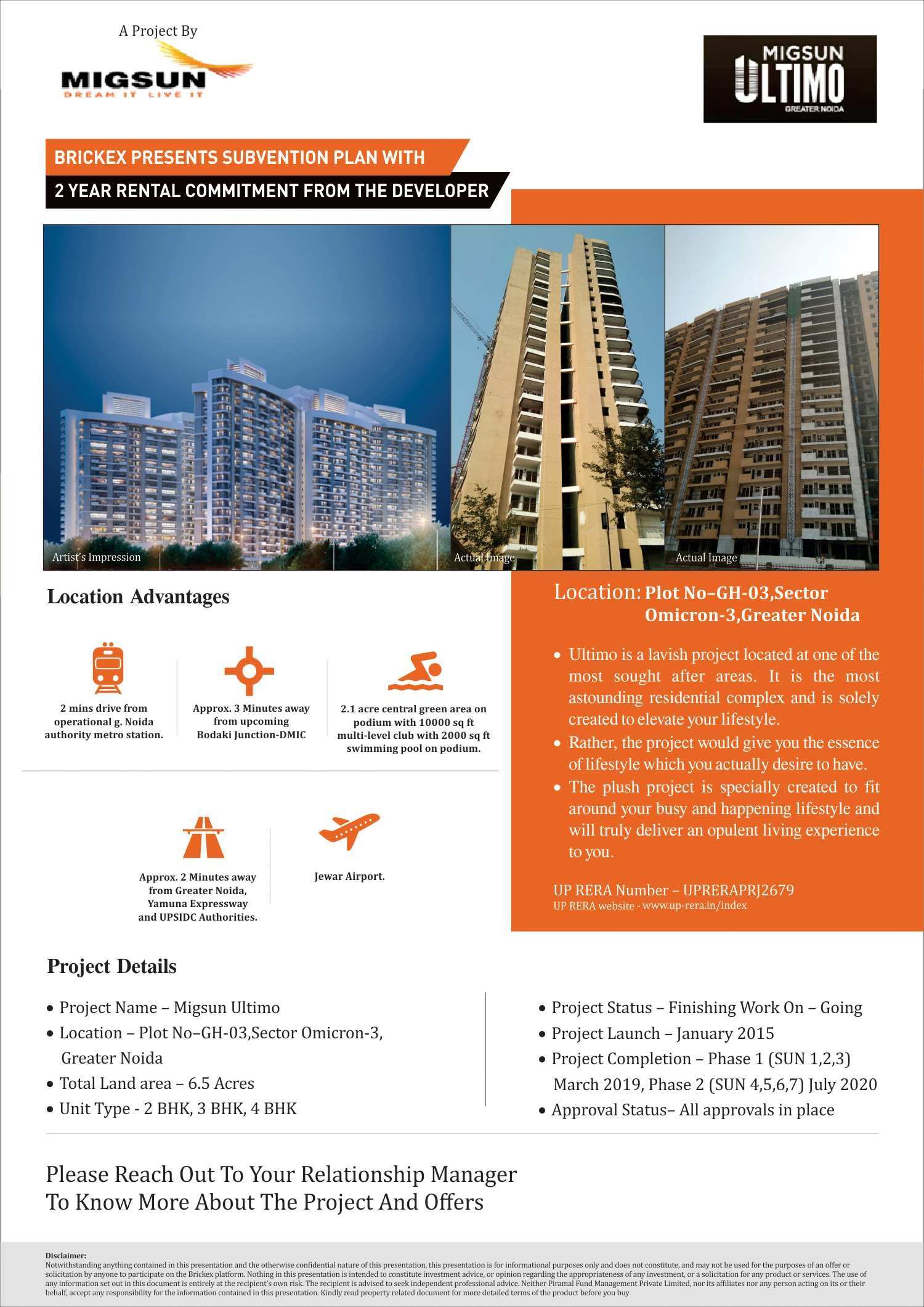 Migsun Ultimo offers Subvention plan with 2 Year Rental Commitment in Greater Noida Update
